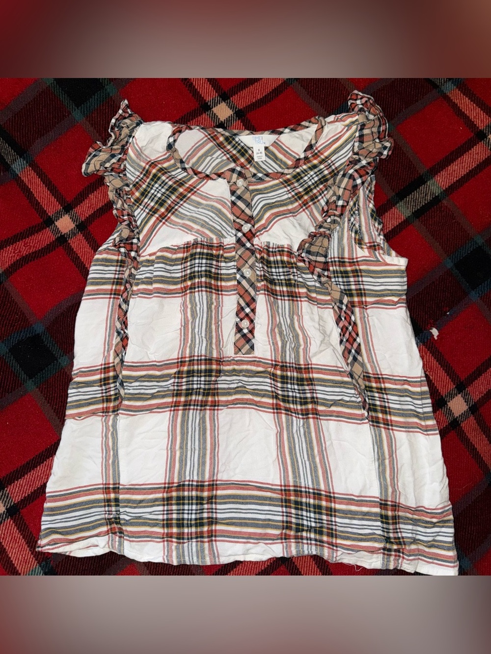 Time and Tru White Plaid Ruffle Sleeve Sleeveless Top